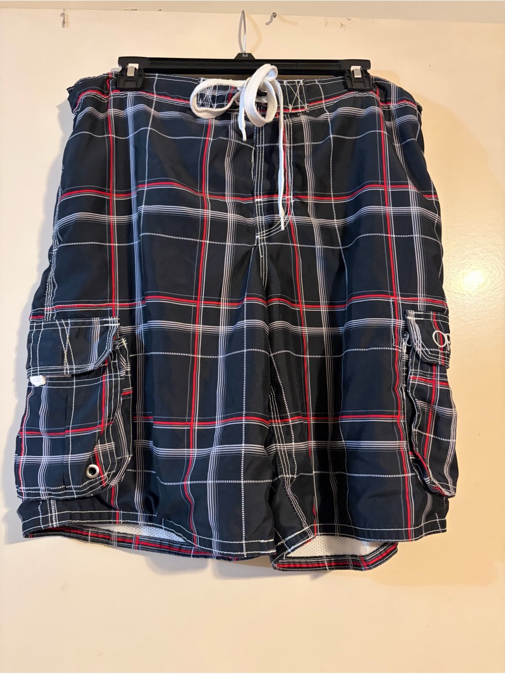 Men's Navy Plaid Swim Trunks with Red Accent